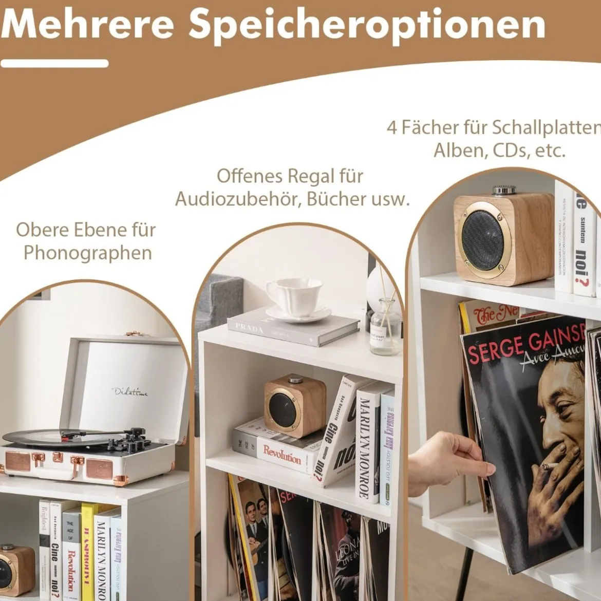 Plattenspieler-Ständer mit Ladestation 3-stufiger Schallplattenständer 48 x 40 x 88 cm