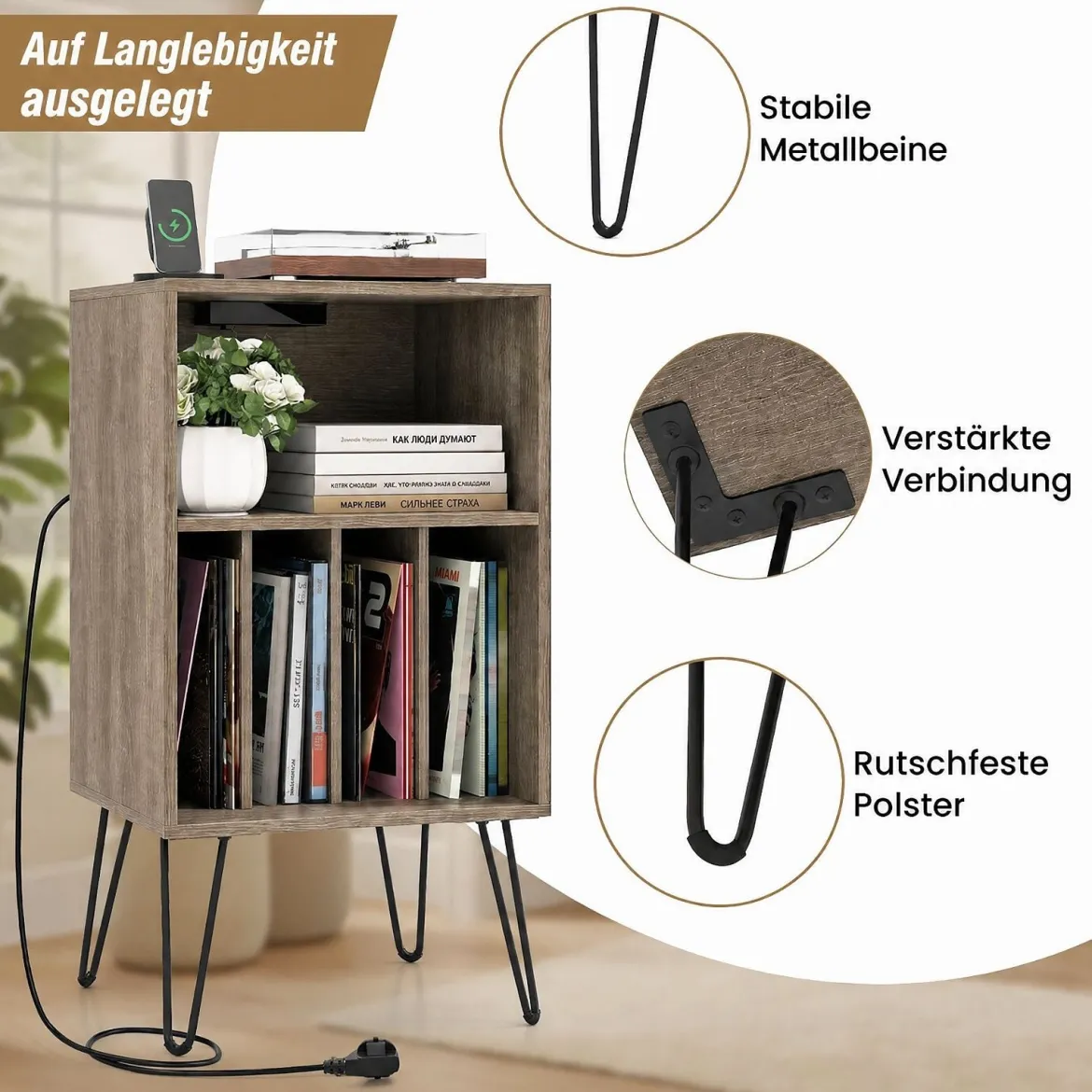 Plattenspieler-Ständer mit Ladestation 3-stufiger Schallplattenständer 48 x 40 x 88 cm