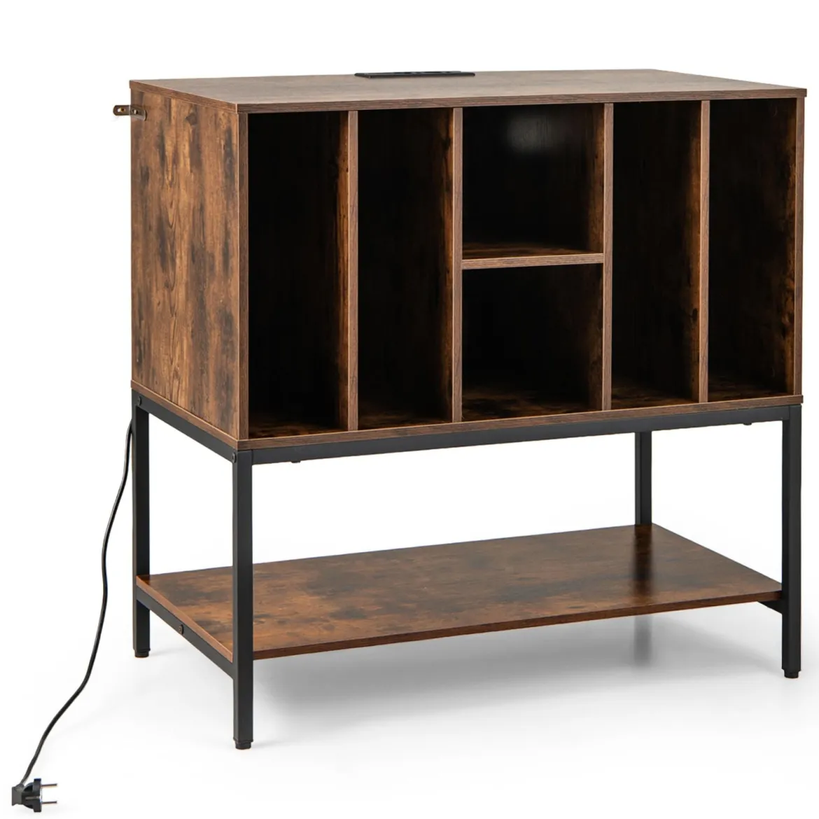 Plattenspielerständer mit Ladestation & Vinyl-Aufbewahrung Beistellschrank Vinyl-Display Regal Kaffee