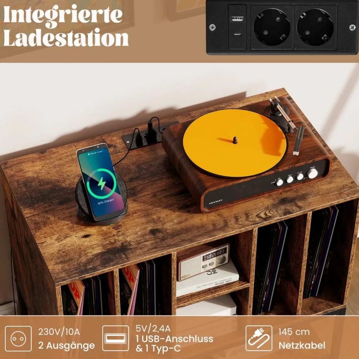 Plattenspielerständer mit Ladestation & Vinyl-Aufbewahrung Beistellschrank Vinyl-Display Regal Kaffee