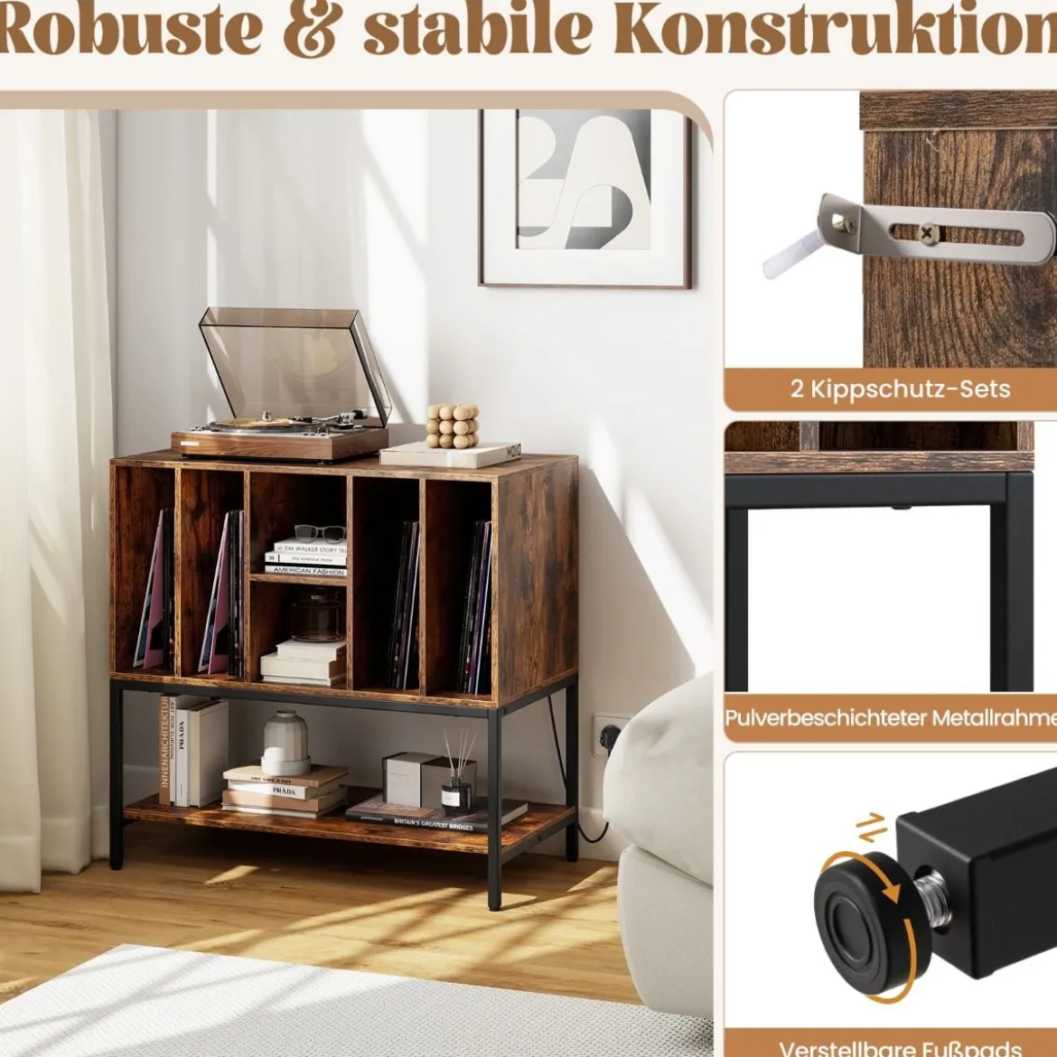 Plattenspielerständer mit Ladestation & Vinyl-Aufbewahrung Beistellschrank Vinyl-Display Regal Kaffee