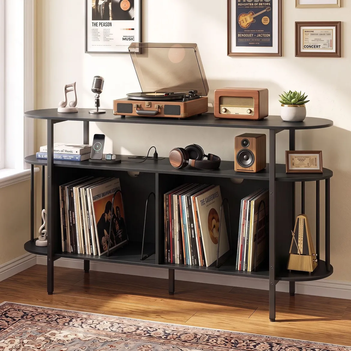 Plattenspieler-Ständer mit Ladestation & Farbigen LED-Leuchten 140 x 40 x 76 cm Schwarz