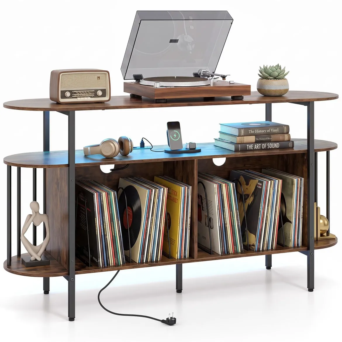 Plattenspieler-Ständer mit Ladestation & Farbigen LED-Leuchten 140 x 40 x 76 cm Rustikalbraun