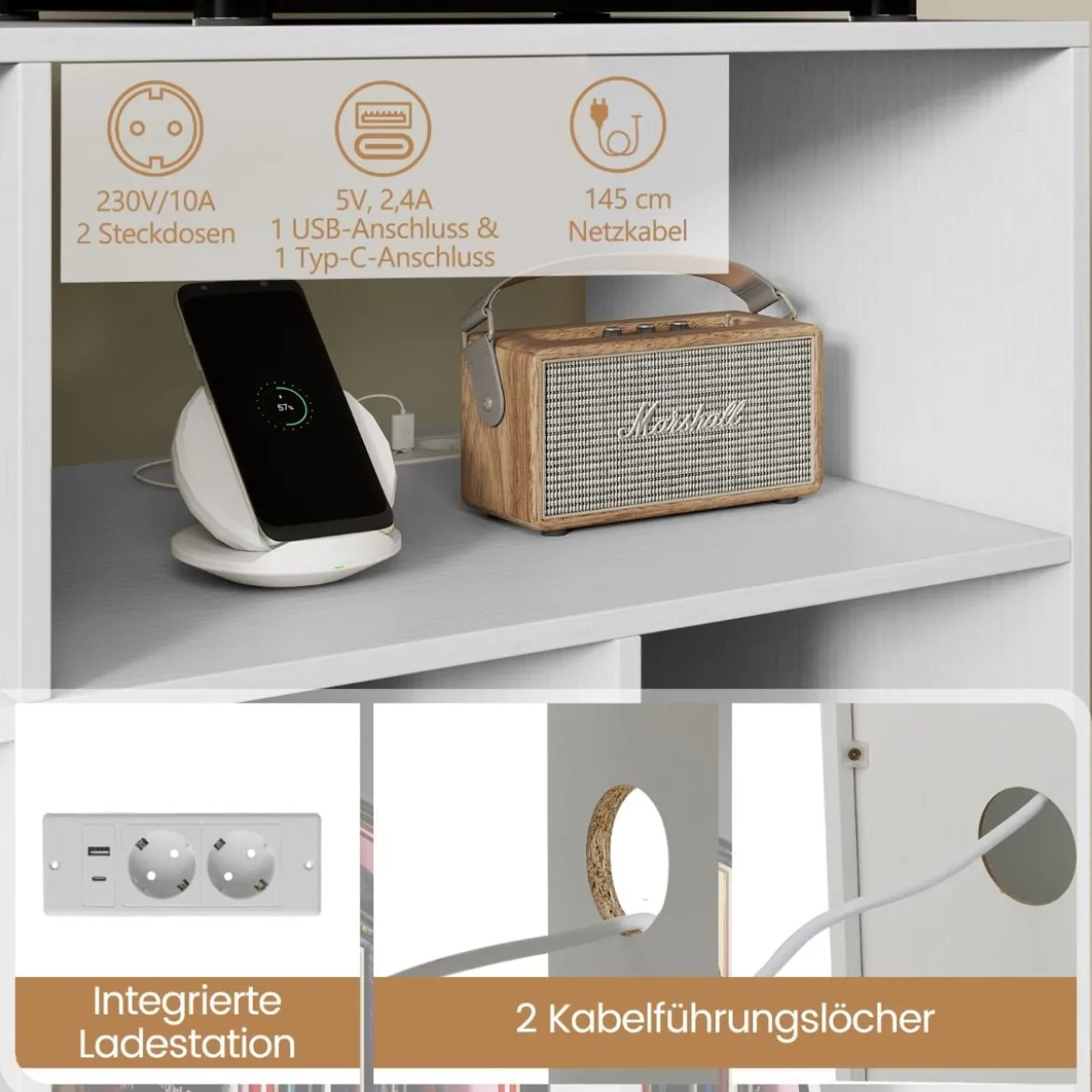 Plattenspielerständer mit Ladestation Plattenspielerständer mit Vinyl-Aufbewahrungsregalen Weiß