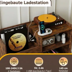 Plattenspieler Ständer mit Ladenstation Schallplattenregal mit Trennwänden Beistelltisch Rustikal Braun