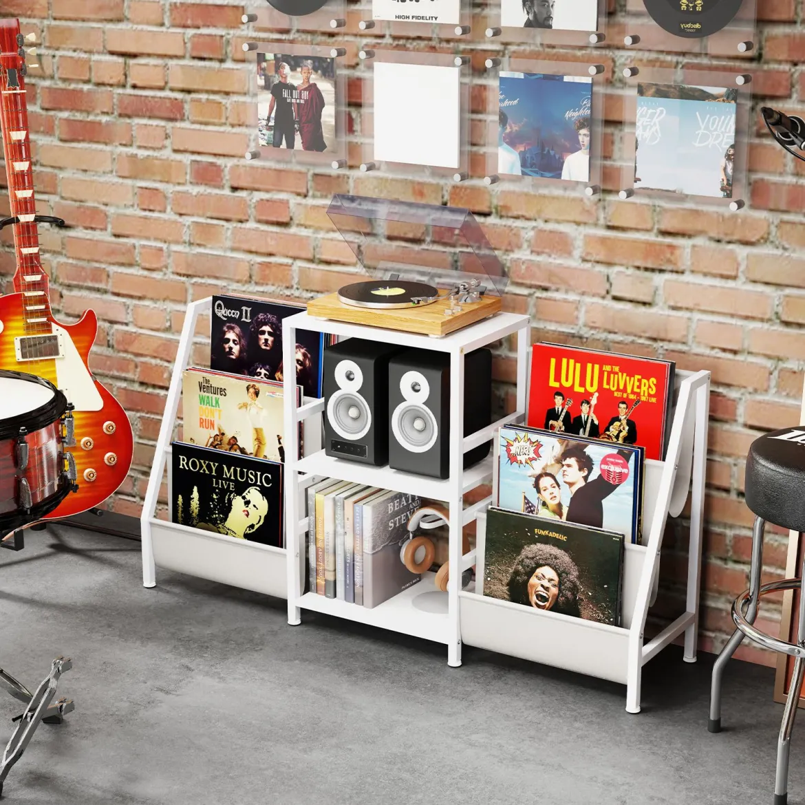 Plattenspielerständer mit Vinyl-Regal & 3 Ablagen & 6 Aufbewahrungstaschen Schallplattenständer Weiß