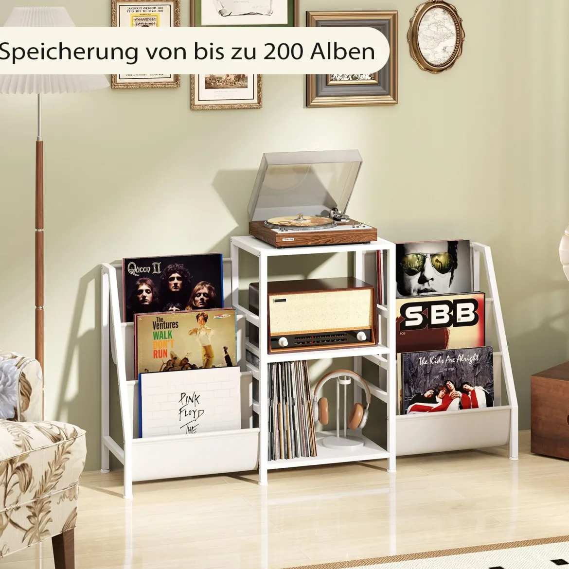 Plattenspielerständer mit Vinyl-Regal & 3 Ablagen & 6 Aufbewahrungstaschen Schallplattenständer Weiß