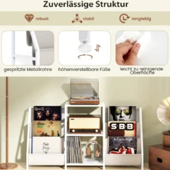 Plattenspielerständer mit Vinyl-Regal & 3 Ablagen & 6 Aufbewahrungstaschen Schallplattenständer Weiß