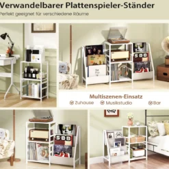 Plattenspielerständer mit Vinyl-Regal & 3 Ablagen & 6 Aufbewahrungstaschen Schallplattenständer Weiß