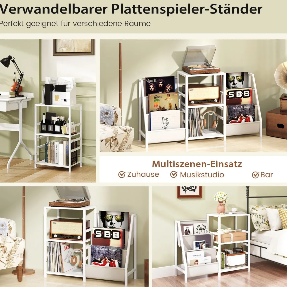 Plattenspielerständer mit Vinyl-Regal & 3 Ablagen & 6 Aufbewahrungstaschen Schallplattenständer Weiß