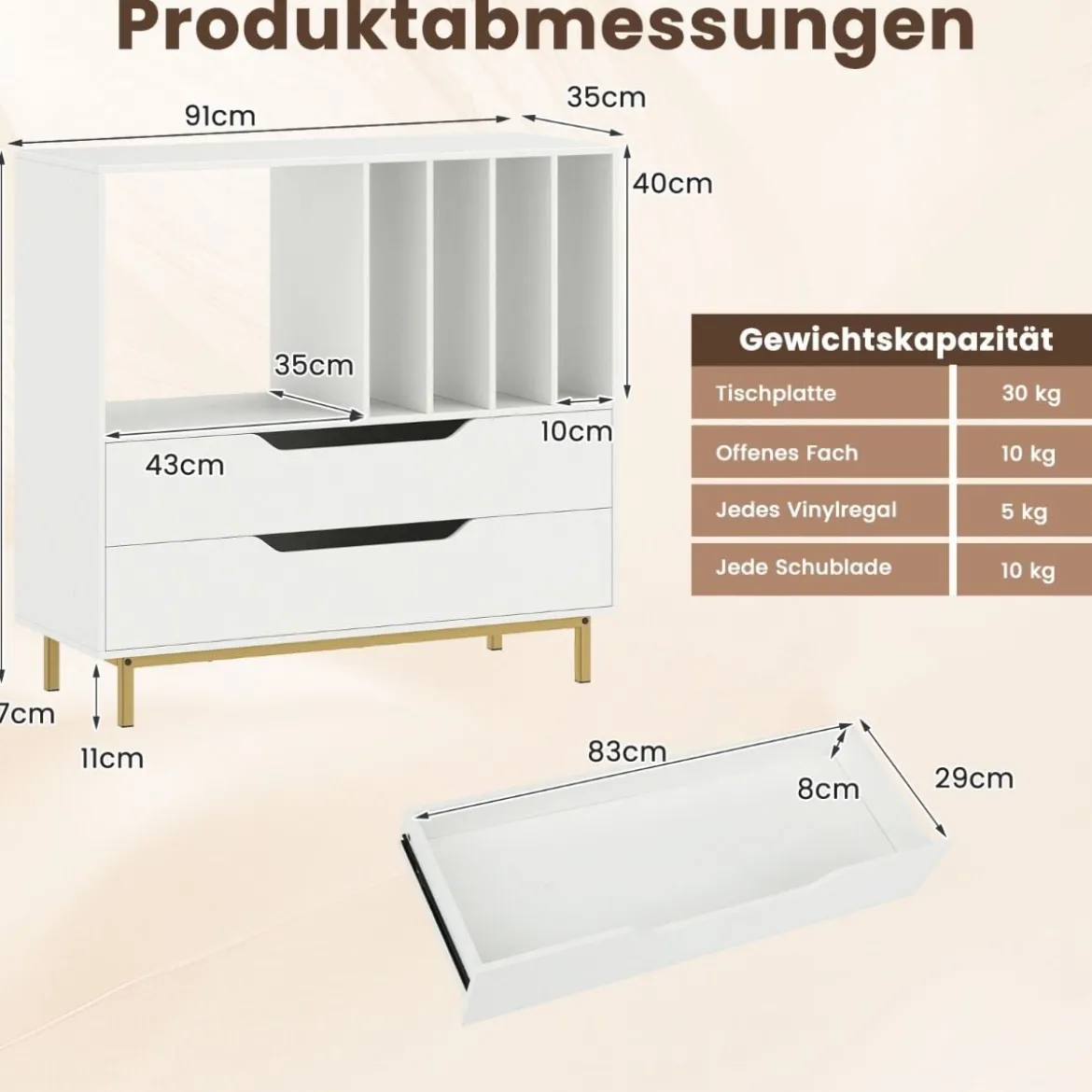 Plattenspieler-Ständer mit 4 Vinyl-Fächern & 2 Schubladen Retro Vinyl Halterung Weiß