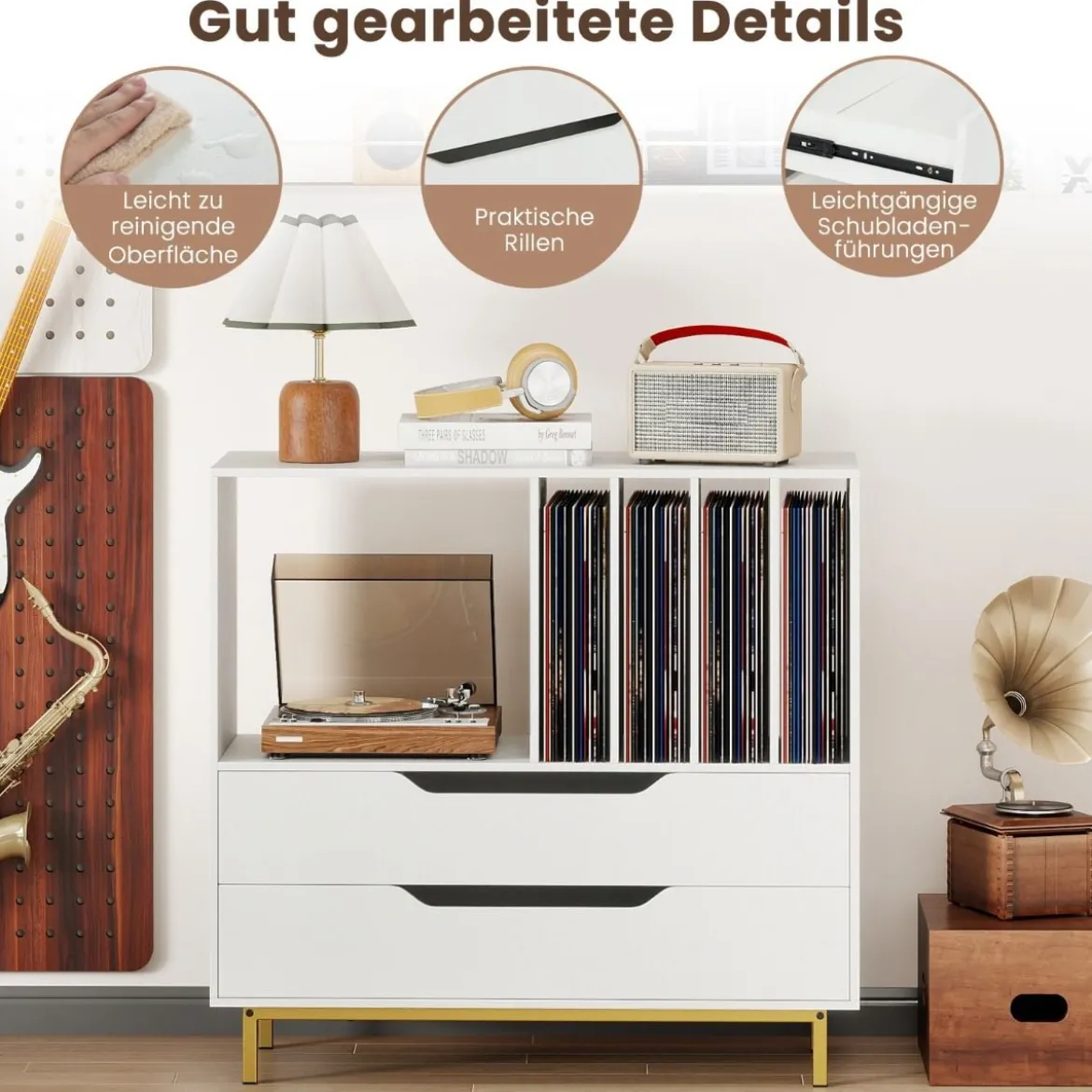 Plattenspieler-Ständer mit 4 Vinyl-Fächern & 2 Schubladen Retro Vinyl Halterung Weiß