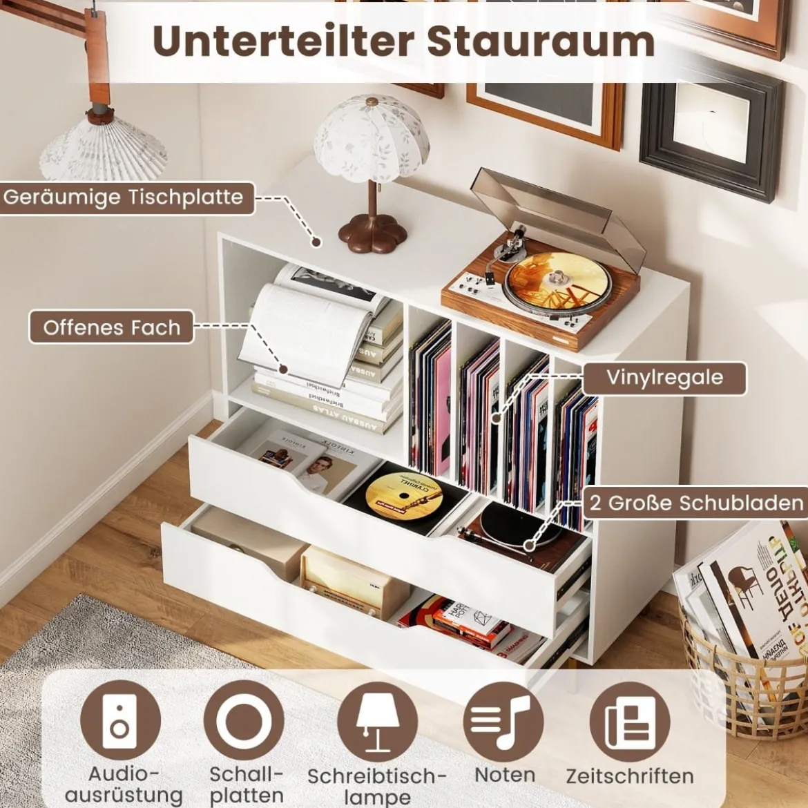 Plattenspieler-Ständer mit 4 Vinyl-Fächern & 2 Schubladen Retro Vinyl Halterung Weiß