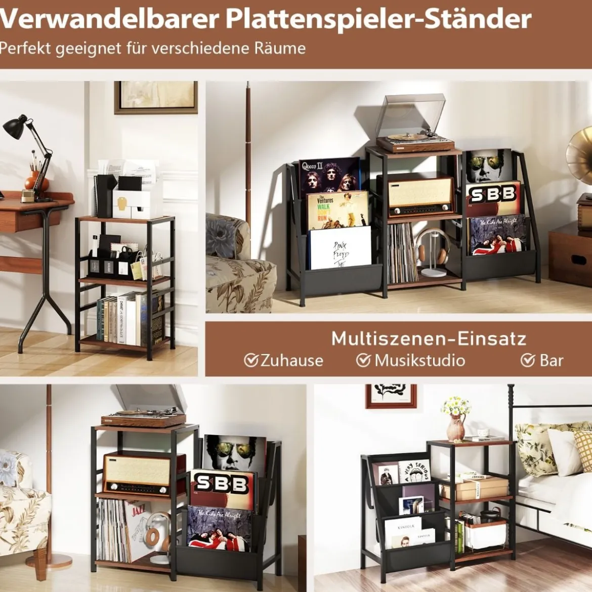 Plattenspielerständer mit Vinyl-Regal & 3 Ablagen & 6 Aufbewahrungstaschen Schallplattenständer