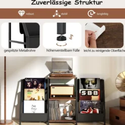 Plattenspielerständer mit Vinyl-Regal & 3 Ablagen & 6 Aufbewahrungstaschen Schallplattenständer