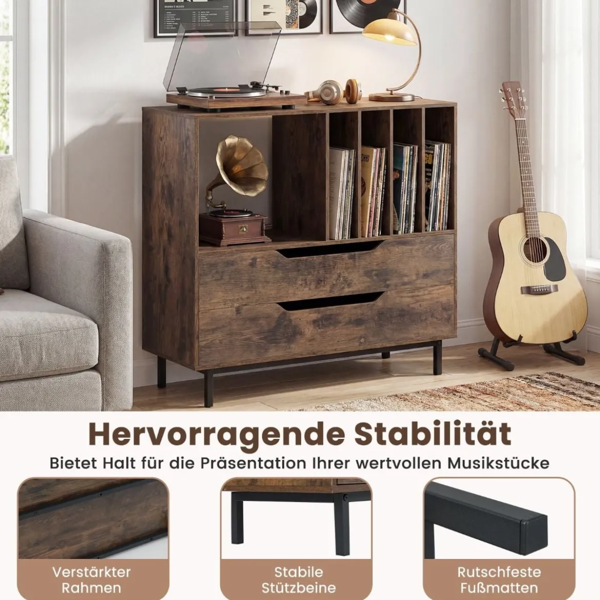 Plattenspieler-Ständer mit 4 Vinyl-Fächern & 2 Schubladen Retro Vinyl Halterung Rustikal Braun