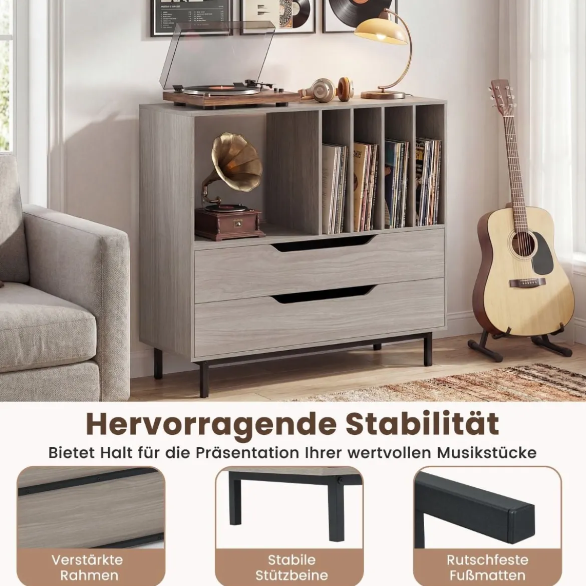 Plattenspieler-Ständer mit 4 Vinyl-Fächern & 2 Schubladen Retro Vinyl Halterung Grau