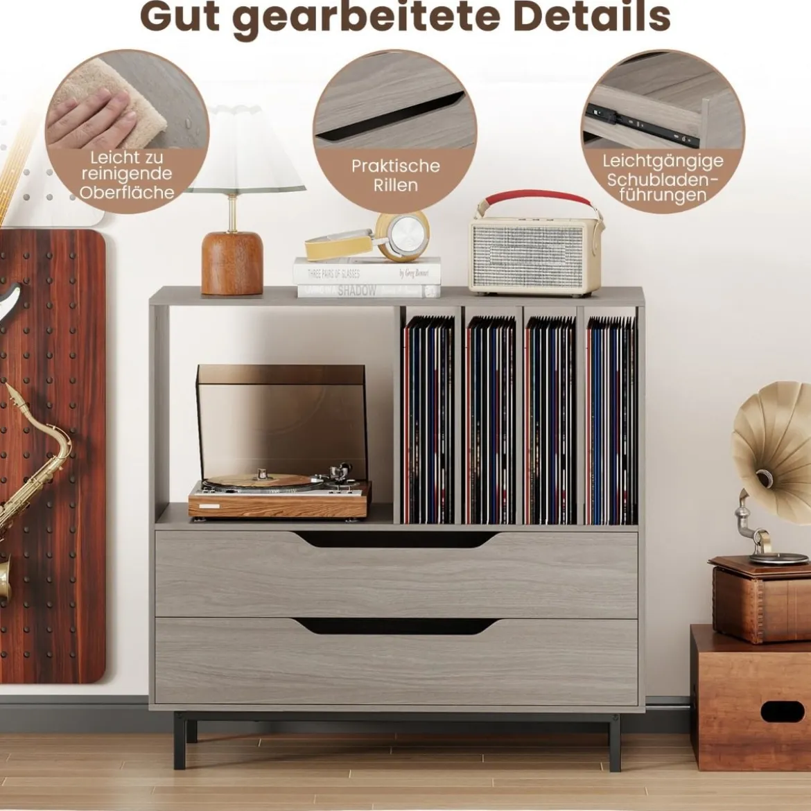Plattenspieler-Ständer mit 4 Vinyl-Fächern & 2 Schubladen Retro Vinyl Halterung Grau