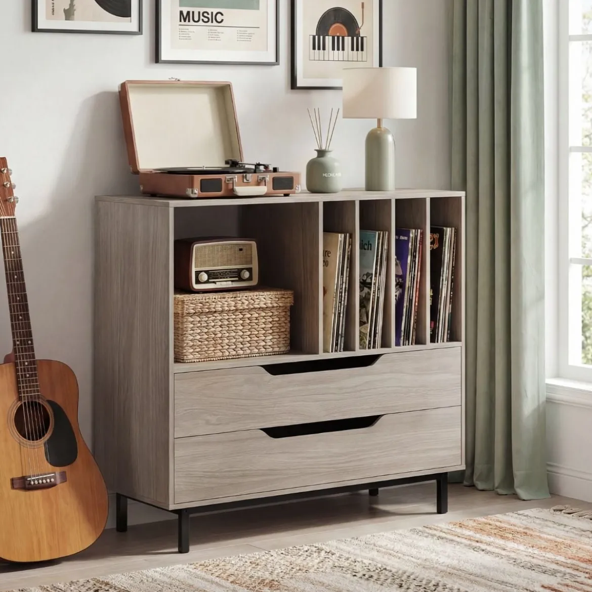 Plattenspieler-Ständer mit 4 Vinyl-Fächern & 2 Schubladen Retro Vinyl Halterung Grau