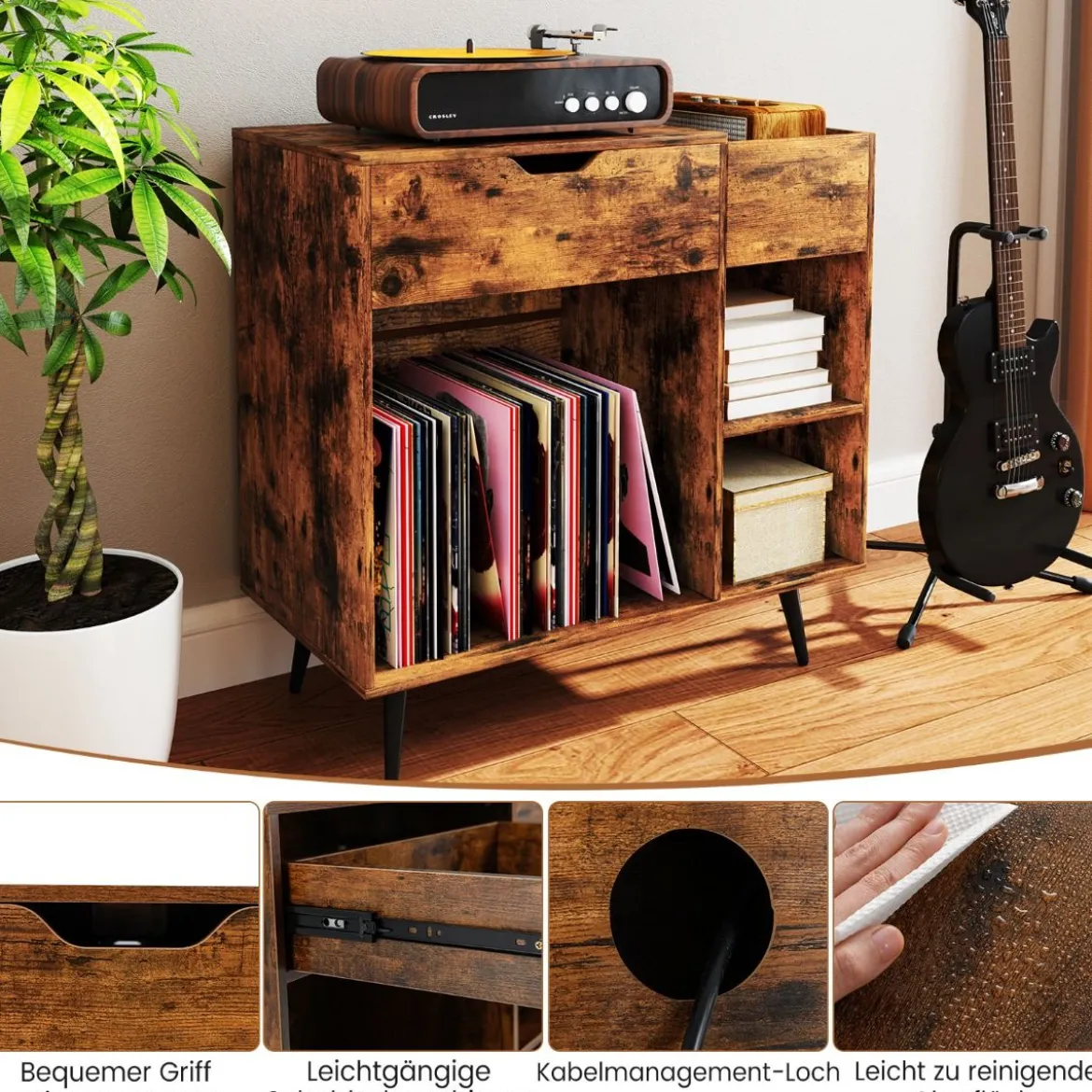 Plattenspielerständer Plattenschrank mit Steckdose & USB & Typ C 79,5 x 40 x 79 cm Rustikales Braun