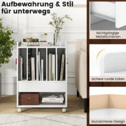 Plattenspielerständer Rollender Schallplattenständer mit Schublade Präsentationsregal für bis zu 180 Alben Weiß