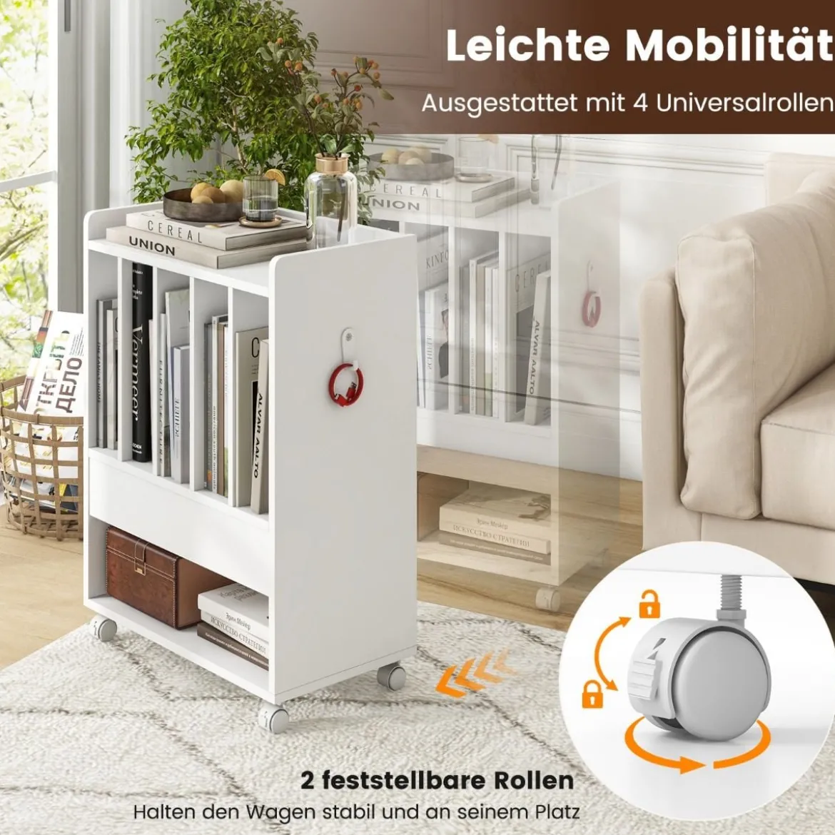 Plattenspielerständer Rollender Schallplattenständer mit Schublade Präsentationsregal für bis zu 180 Alben Weiß