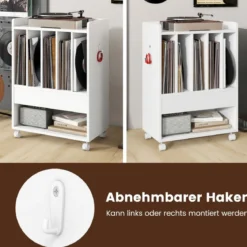 Plattenspielerständer Rollender Schallplattenständer mit Schublade Präsentationsregal für bis zu 180 Alben Weiß