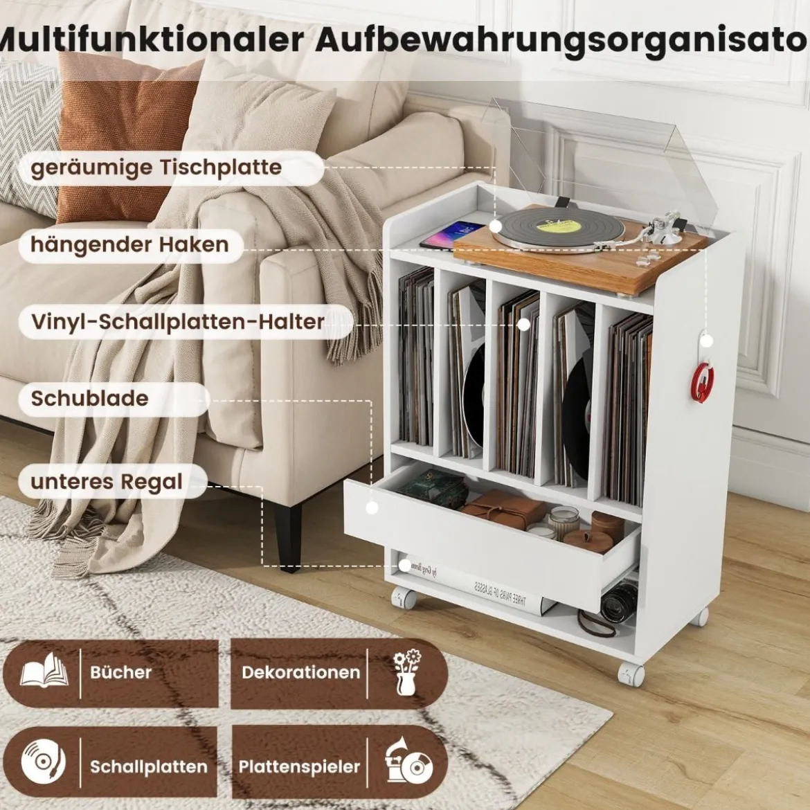 Plattenspielerständer Rollender Schallplattenständer mit Schublade Präsentationsregal für bis zu 180 Alben Weiß