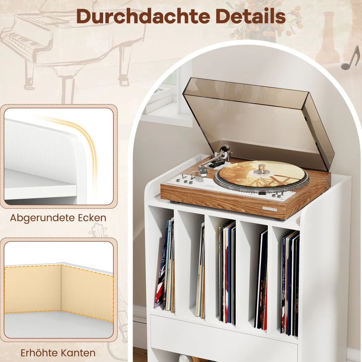 Plattenspieler Tisch mit 5 Fächern & Schublade Plattenständer Vinylaufbewahrung mit Rollen Weiß