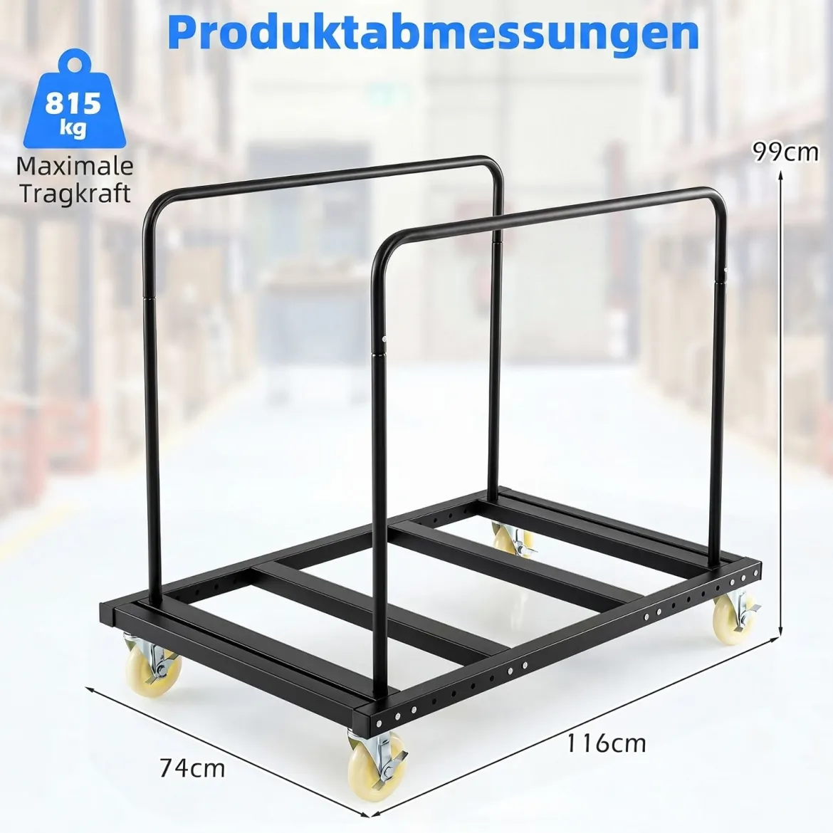 Plattenwagen mit Feststellbaren Rollen & Bremse Transportwagen mit Stahlrahmen bis 815 kg Belastbar
