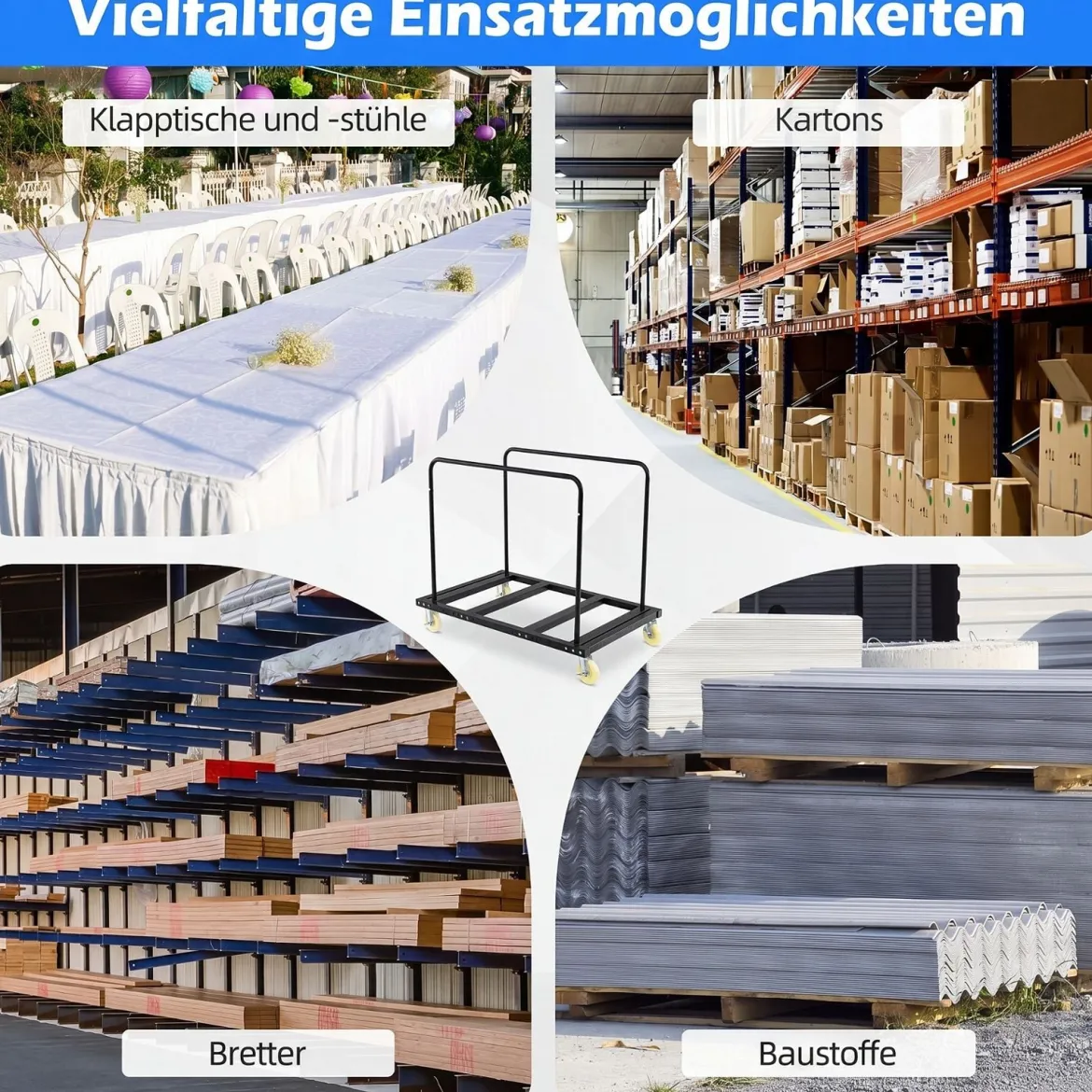 Plattenwagen mit Feststellbaren Rollen & Bremse Transportwagen mit Stahlrahmen bis 815 kg Belastbar