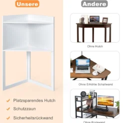 Platzsparender Eck-Computertisch mit Bücherregalen & Tastaturfach & Ablageflächen Weiß