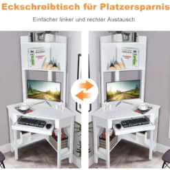 Platzsparender Eck-Computertisch mit Bücherregalen & Tastaturfach & Ablageflächen Weiß