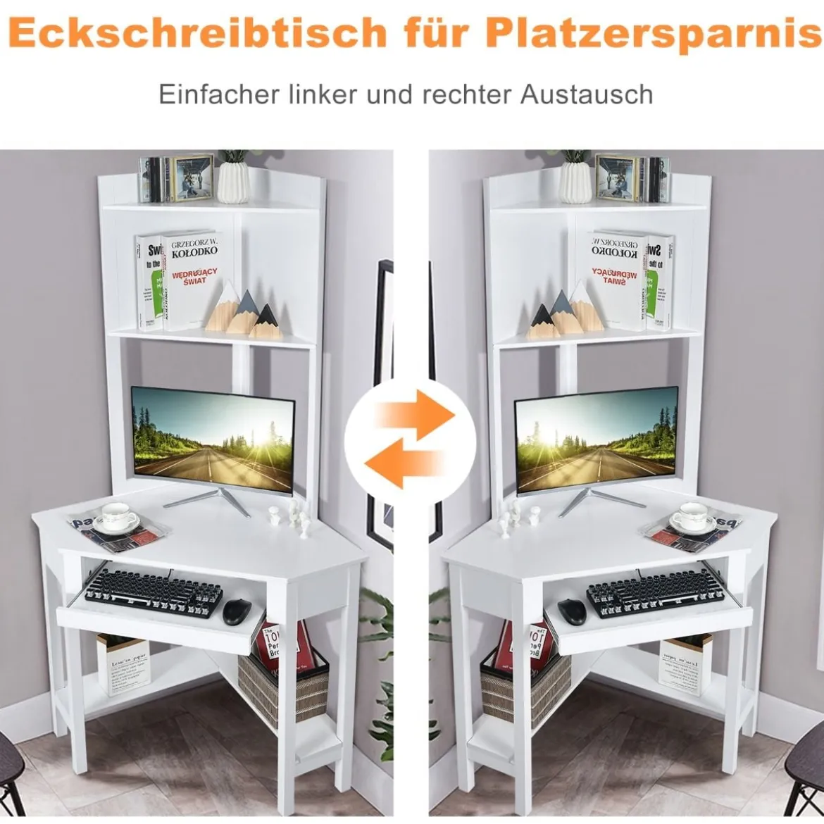 Platzsparender Eck-Computertisch mit Bücherregalen & Tastaturfach & Ablageflächen Weiß