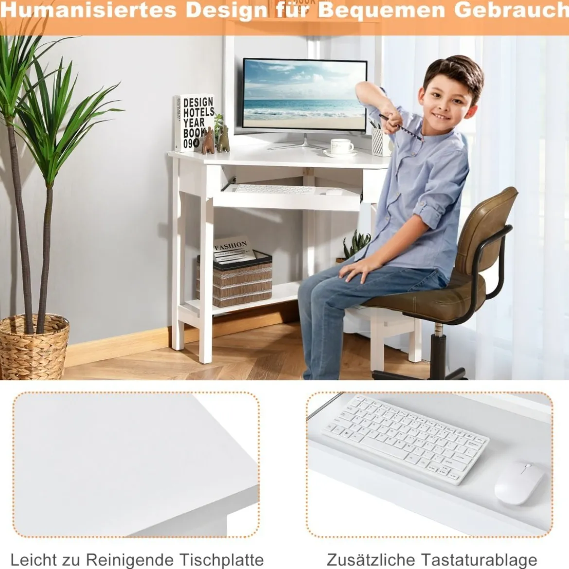Platzsparender Eck-Computertisch mit Bücherregalen & Tastaturfach & Ablageflächen Weiß