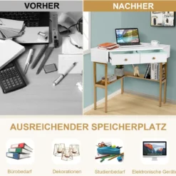 Platzsparender Eck Schreibarbeitstisch mit 2 Großen Schubladen und Ablagefläche für Kleine Räume Golden