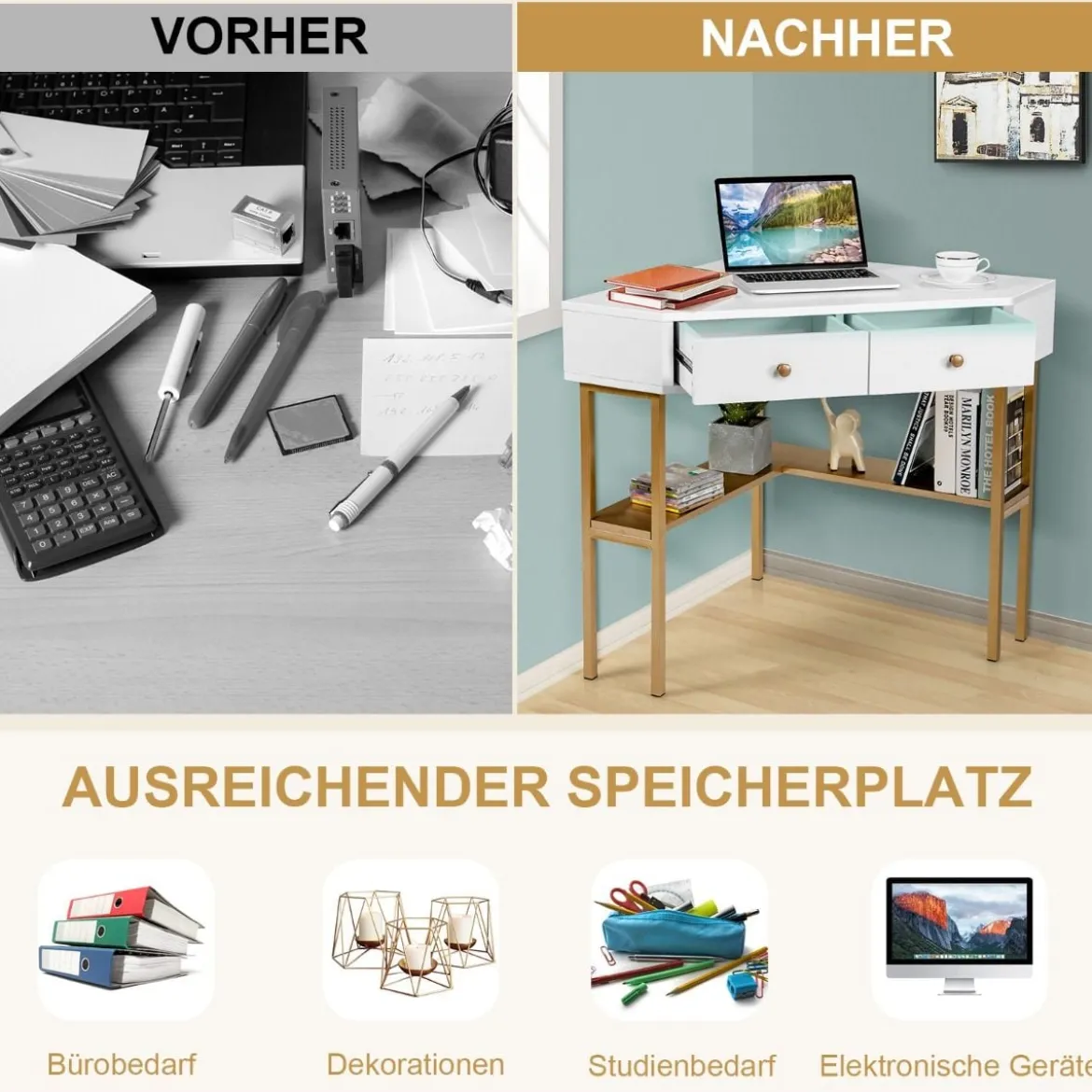 Platzsparender Eck Schreibarbeitstisch mit 2 Großen Schubladen und Ablagefläche für Kleine Räume Golden