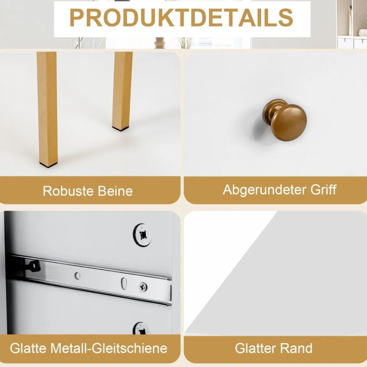 Platzsparender Eck Schreibarbeitstisch mit 2 Großen Schubladen und Ablagefläche für Kleine Räume Golden