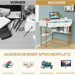 Platzsparender Eck Schreibarbeitstisch mit 2 Großen Schubladen und Ablagefläche für Kleine Räume Weiß
