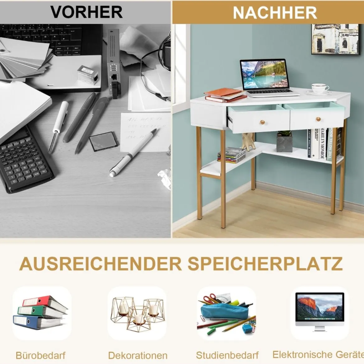 Platzsparender Eck Schreibarbeitstisch mit 2 Großen Schubladen und Ablagefläche für Kleine Räume Weiß