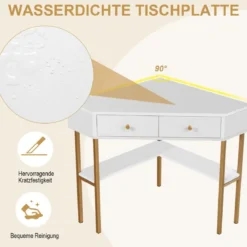 Platzsparender Eck Schreibarbeitstisch mit 2 Großen Schubladen und Ablagefläche für Kleine Räume Weiß