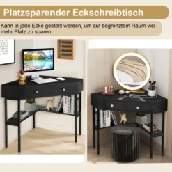 Platzsparender Eck Schreibarbeitstisch mit 2 Großen Schubladen und Ablagefläche für Kleine Räume Schwarz