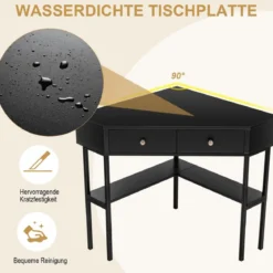 Platzsparender Eck Schreibarbeitstisch mit 2 Großen Schubladen und Ablagefläche für Kleine Räume Schwarz