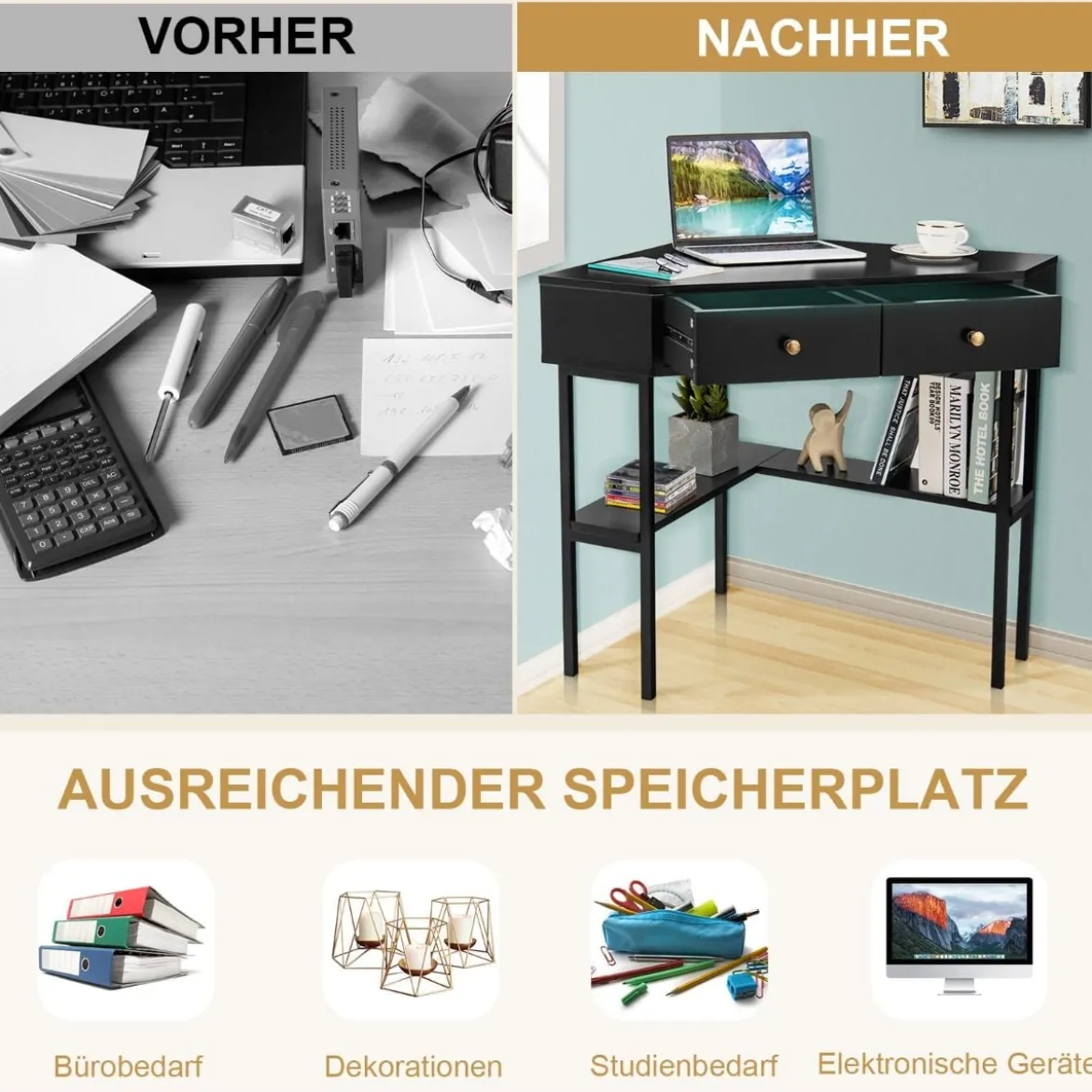 Platzsparender Eck Schreibarbeitstisch mit 2 Großen Schubladen und Ablagefläche für Kleine Räume Schwarz