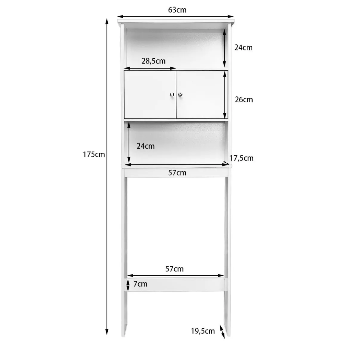 Platzsparendes Badezimmerregal aus Holz mit 3 Ablagen & 2 Türen 63x19,5x175cm Weiß