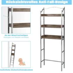 Platzsparendes Toilettenregal 3-stöckiges Badezimmerregal 61 x 22,5 x 167,5 cm Silber + Braun