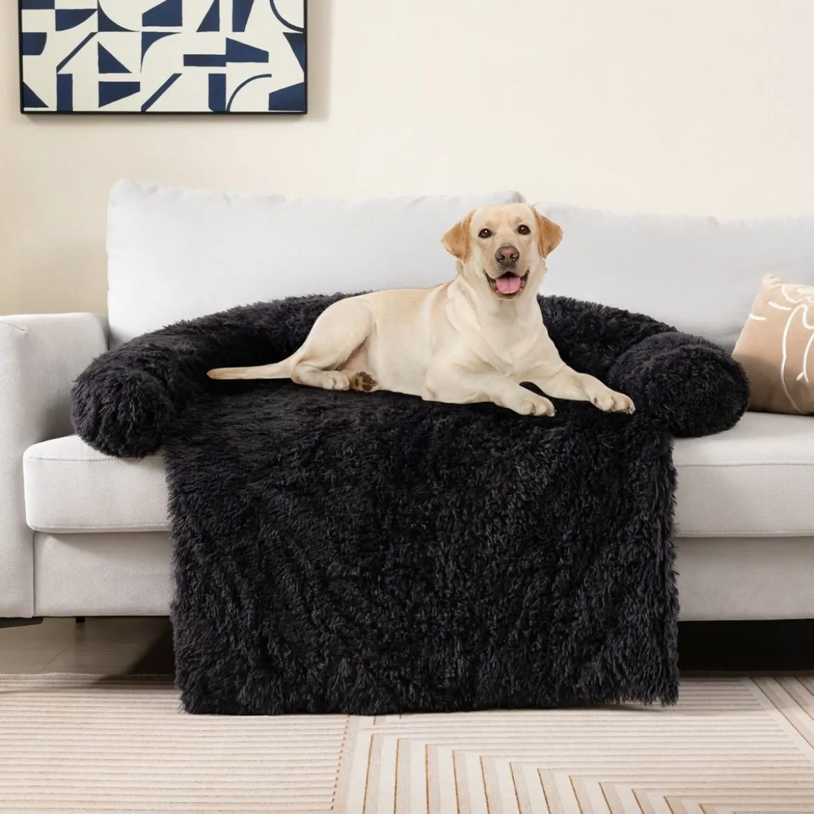Plüschbett für Hunde mit rutschfester Unterseite abnehmbarem waschbarem Bezug & weicher Nackenrolle große 115 × 120 cm Schwarz
