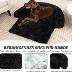 Plüschbett für Hunde mit rutschfester Unterseite abnehmbarem waschbarem Bezug & weicher Nackenrolle große 115 × 120 cm Schwarz