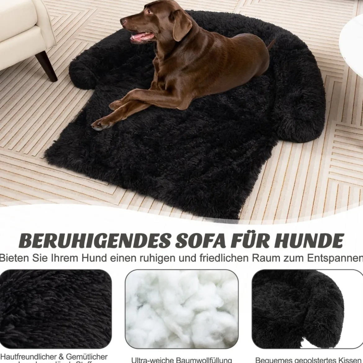 Plüschbett für Hunde mit rutschfester Unterseite abnehmbarem waschbarem Bezug & weicher Nackenrolle große 115 × 120 cm Schwarz
