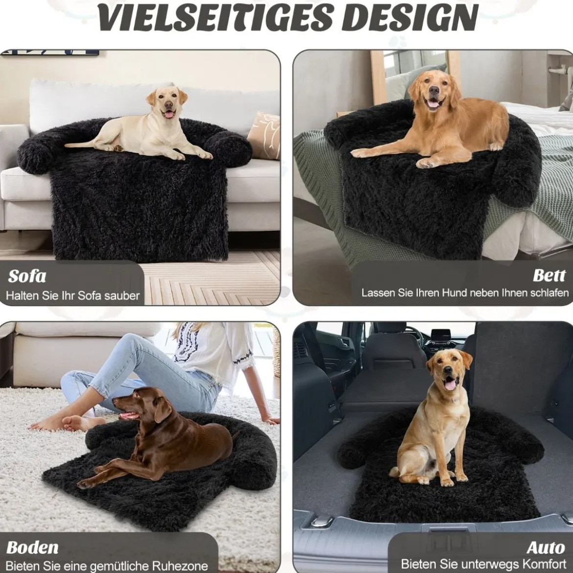 Plüschbett für Hunde mit rutschfester Unterseite abnehmbarem waschbarem Bezug & weicher Nackenrolle große 115 × 120 cm Schwarz